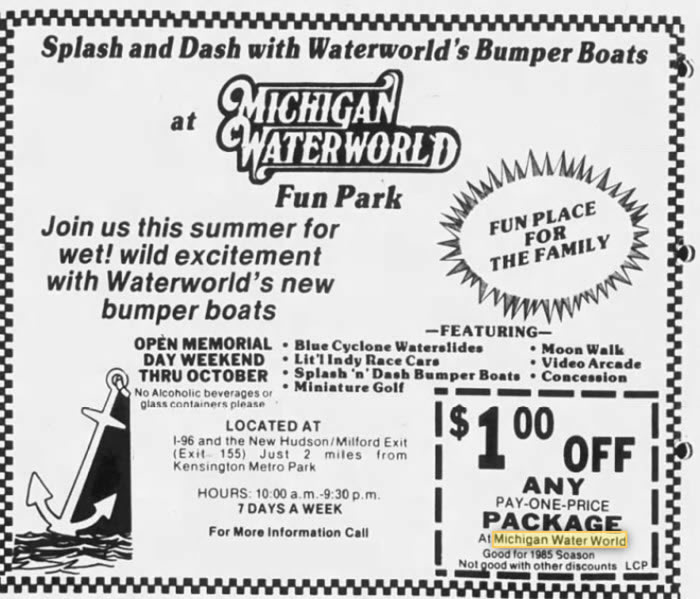 Michigan WaterWorld - JULY 17 1985 AD FOR THE PARK